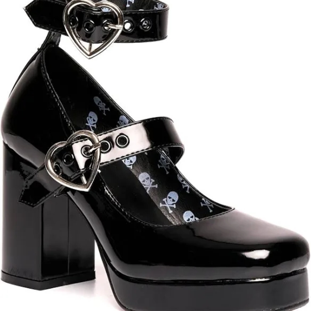 Glossy Black Heart Buckle Platform Heels